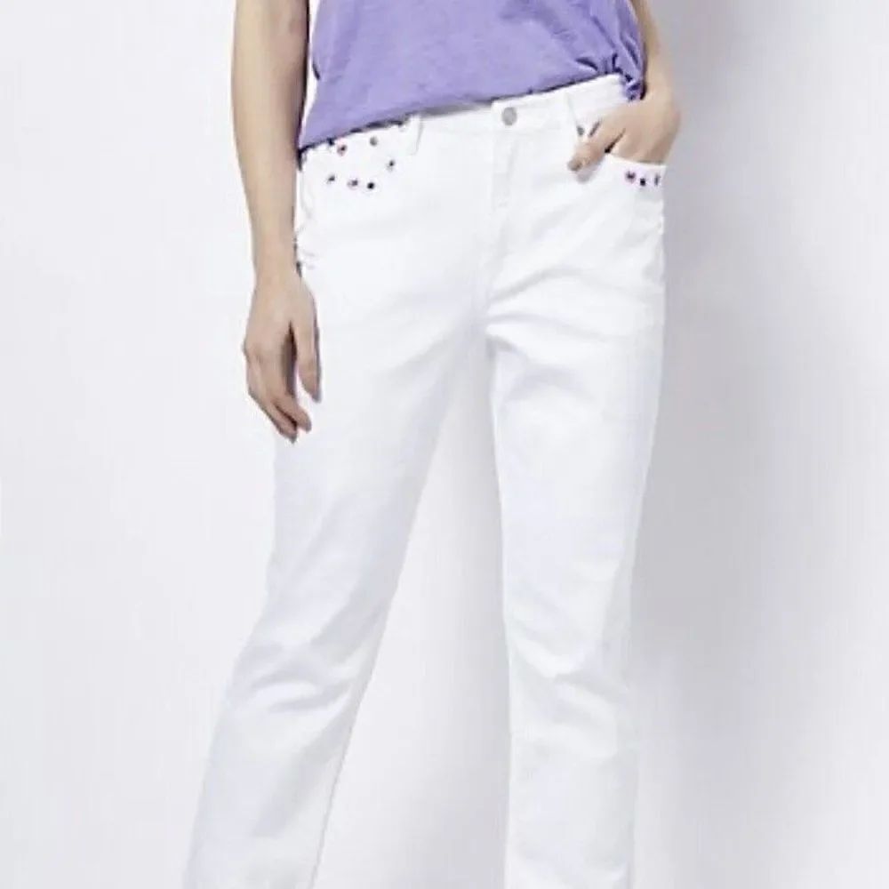 Candace Cameron Bure Embroidered Girlfriend Jean- White Petite A472456 Size